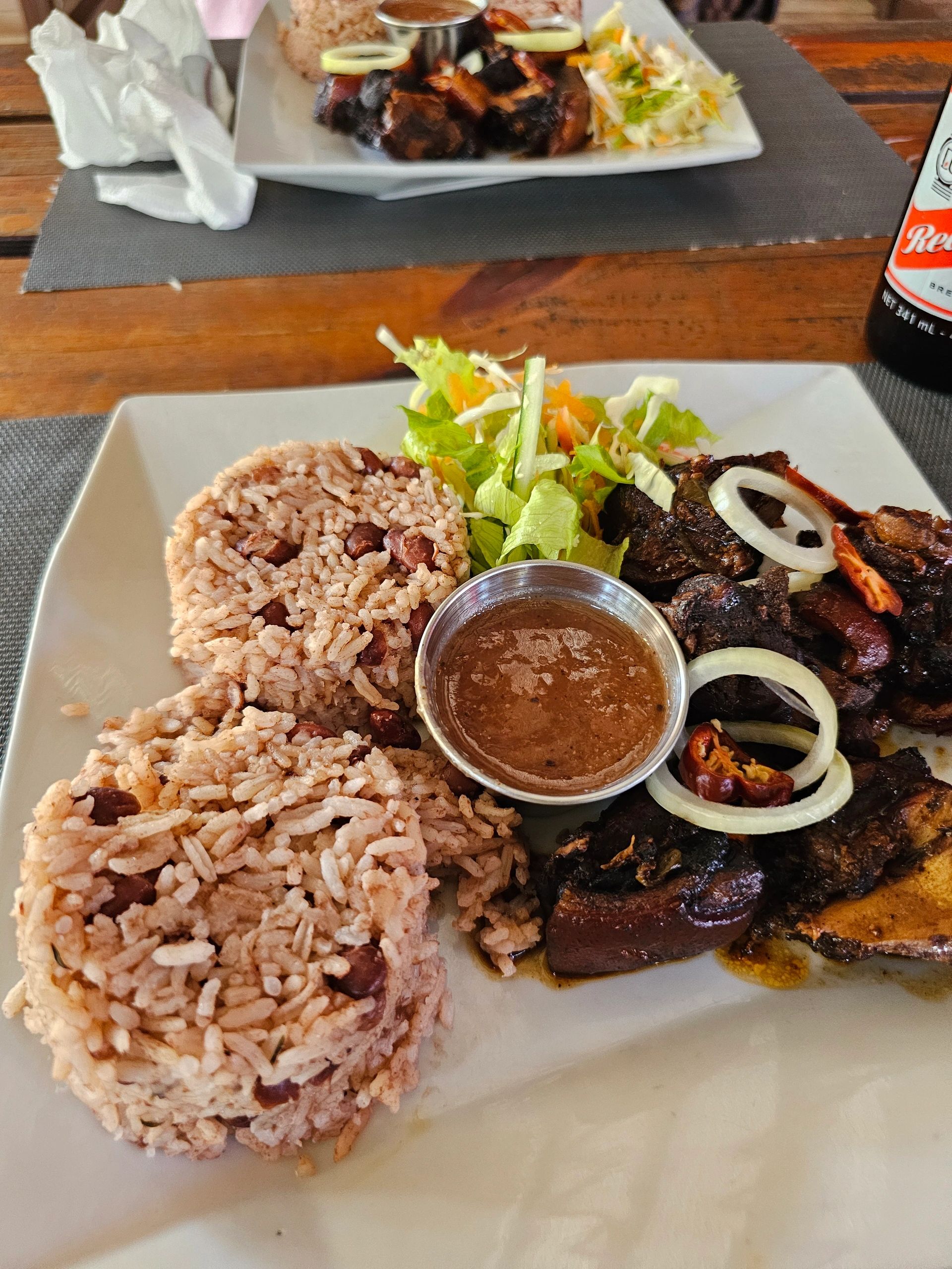 Jamaican jerk pork, rice and peas
